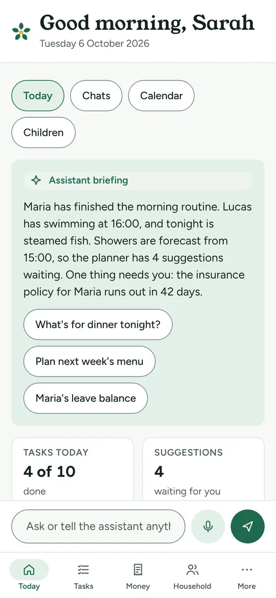 The HomeJasmine Today screen on a phone, showing the assistant briefing and today's tasks